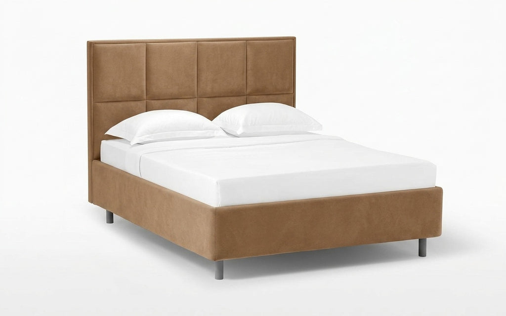 Linea Nova bed in Casanova Beige fabric, product photo on white background