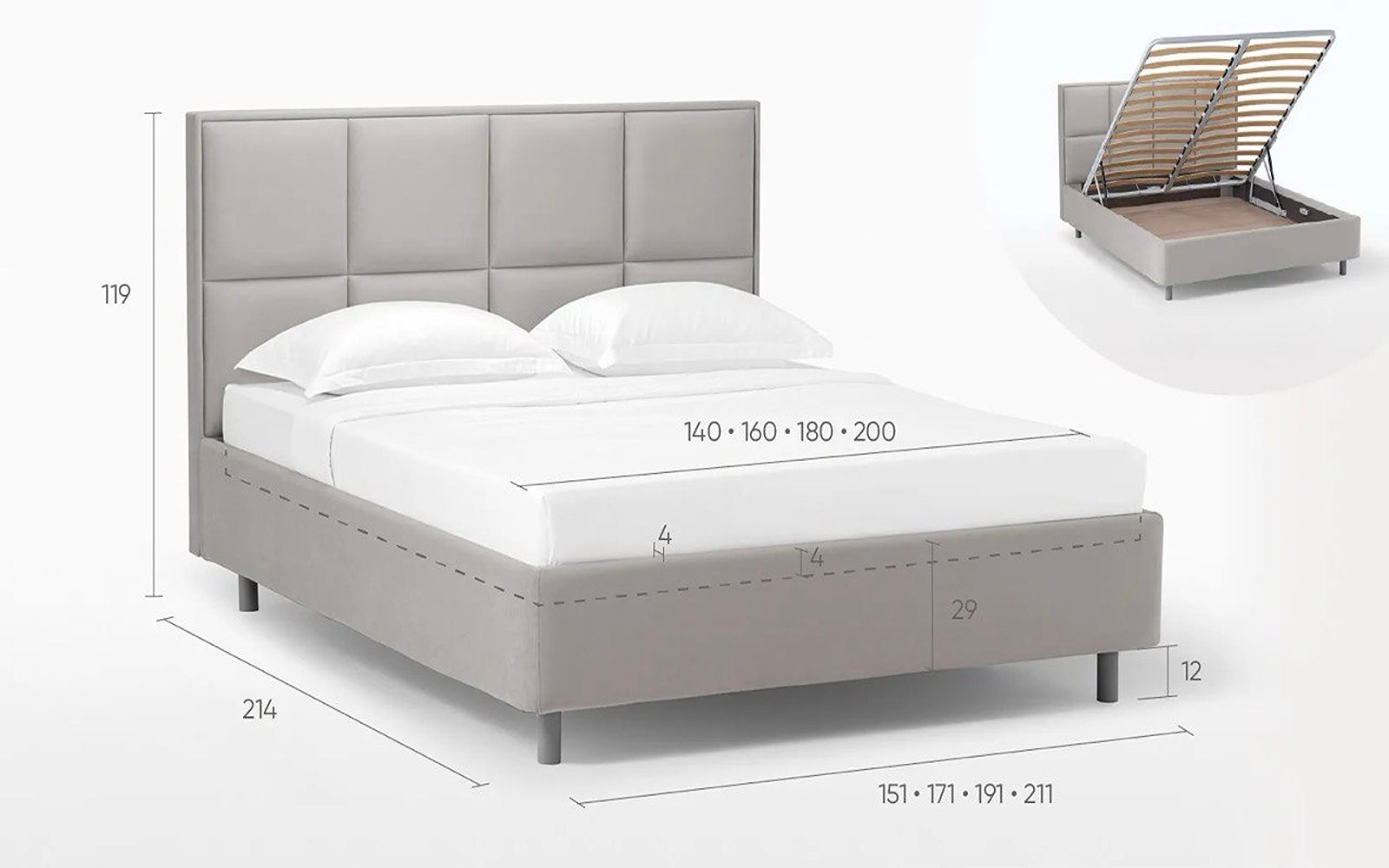Linea Nova bed, product photo on white background, view 3