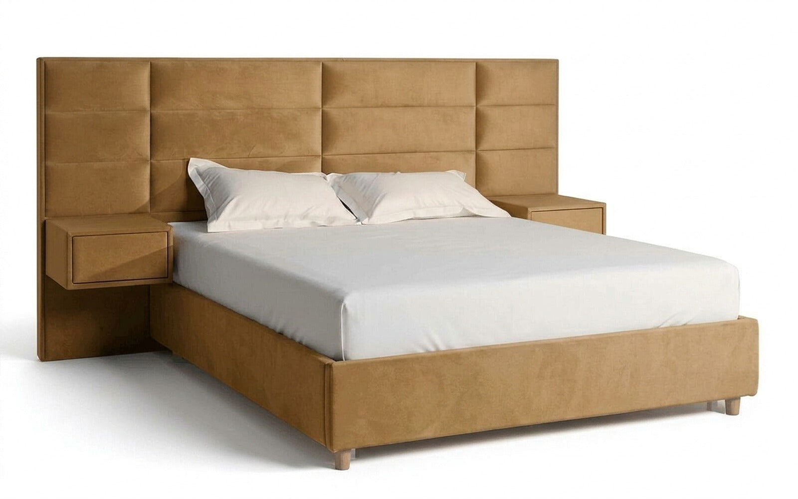 Marselo bed in Casanova Beige fabric, product photo on white background