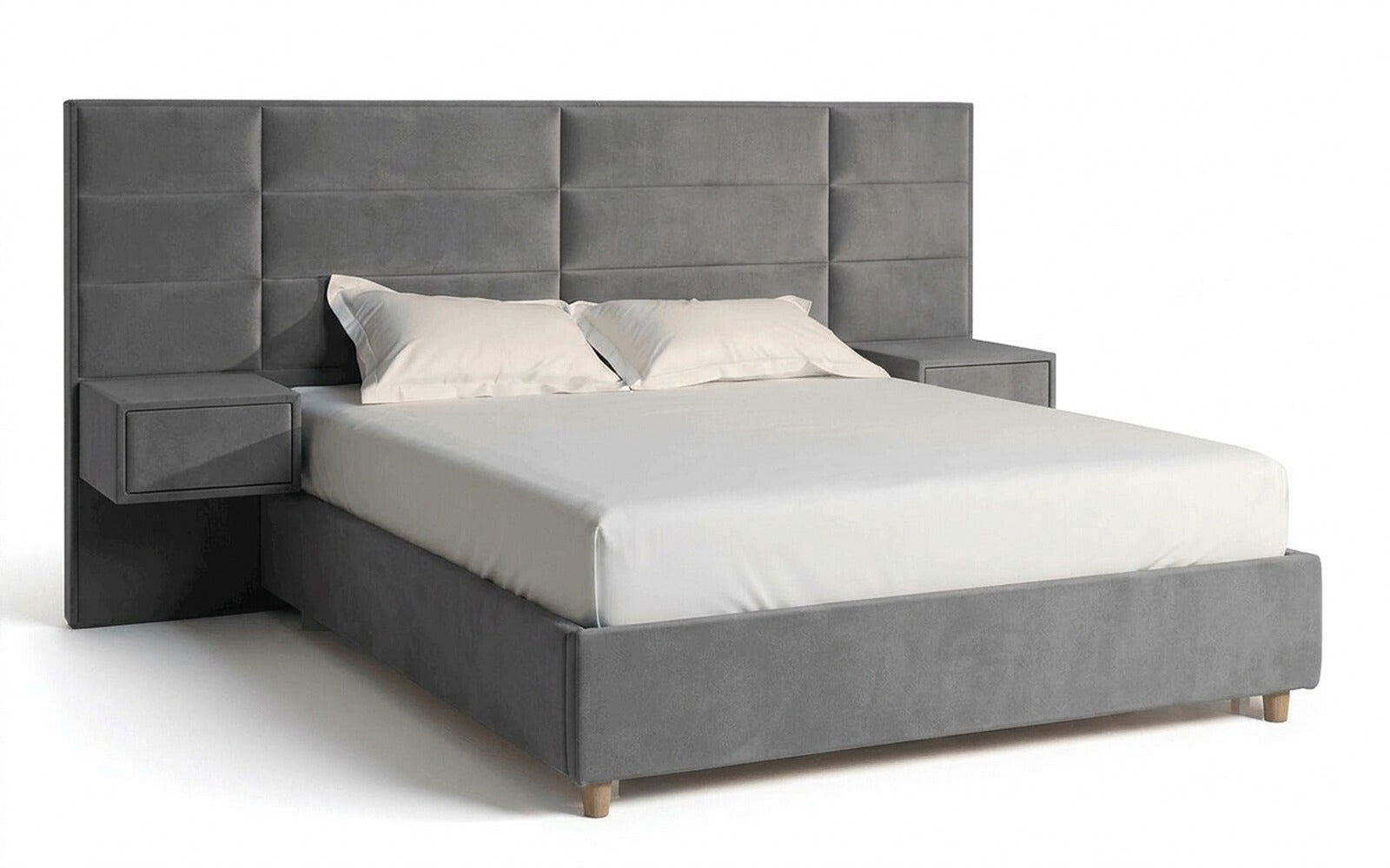 Marselo bed in Sky Velvet 08 fabric, product photo on white background