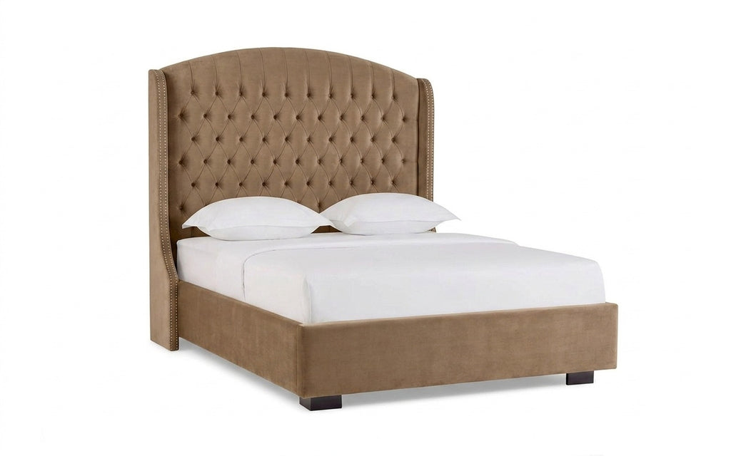 Rachel bed in Casanova Beige fabric, product photo on white background