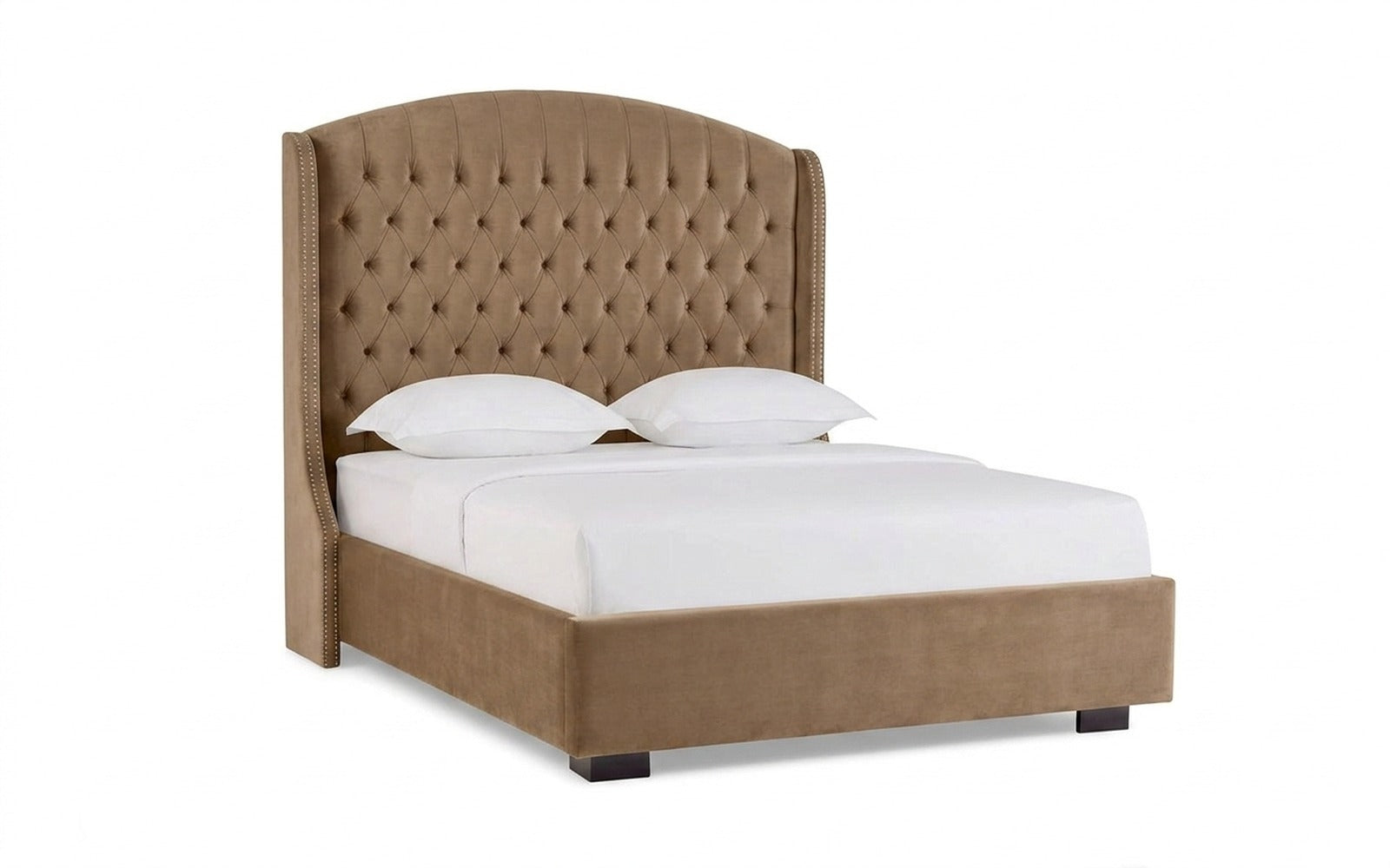 Rachel bed in Casanova Beige fabric, product photo on white background