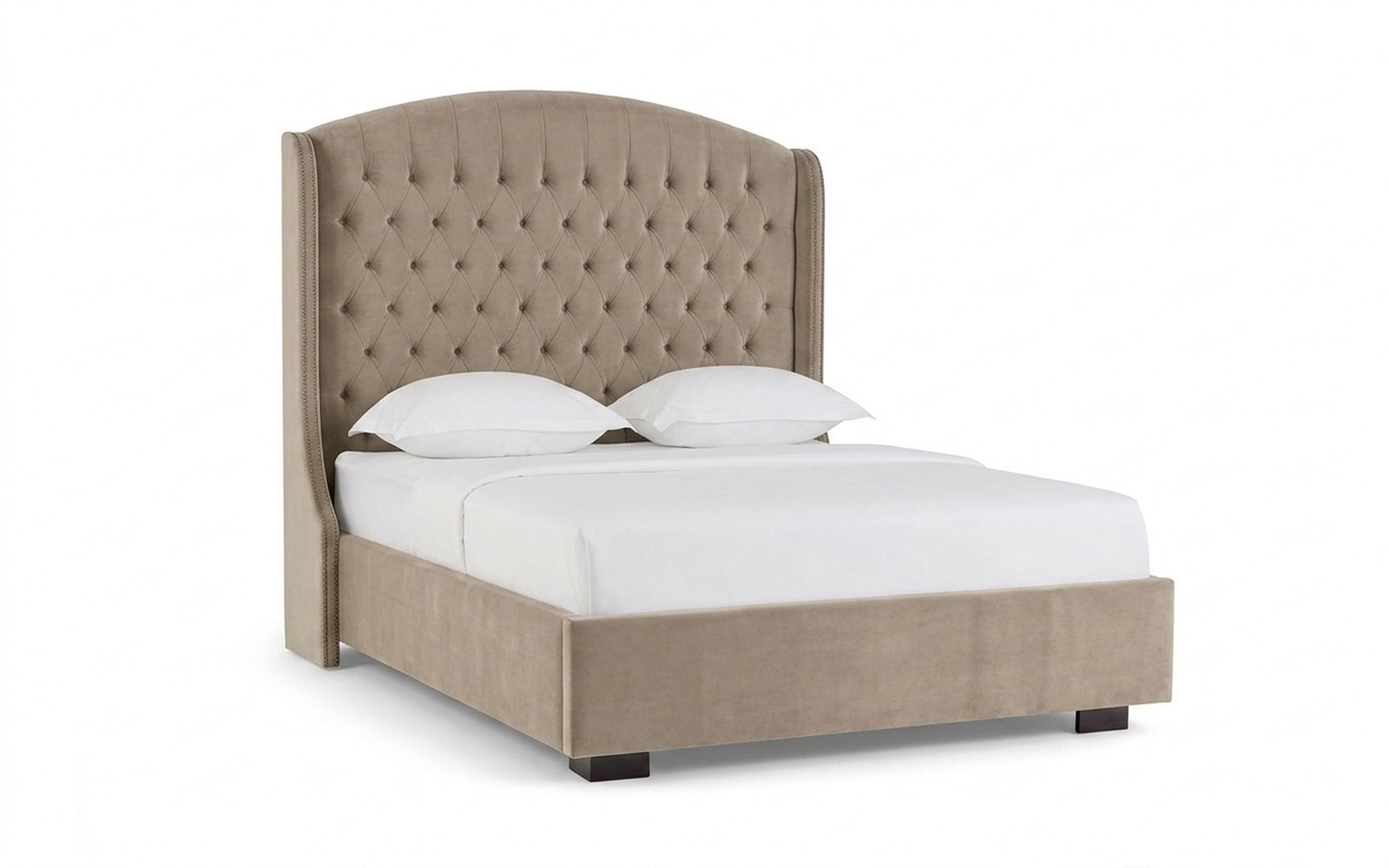 Rachel bed in Sky Velvet 21 fabric, product photo on white background
