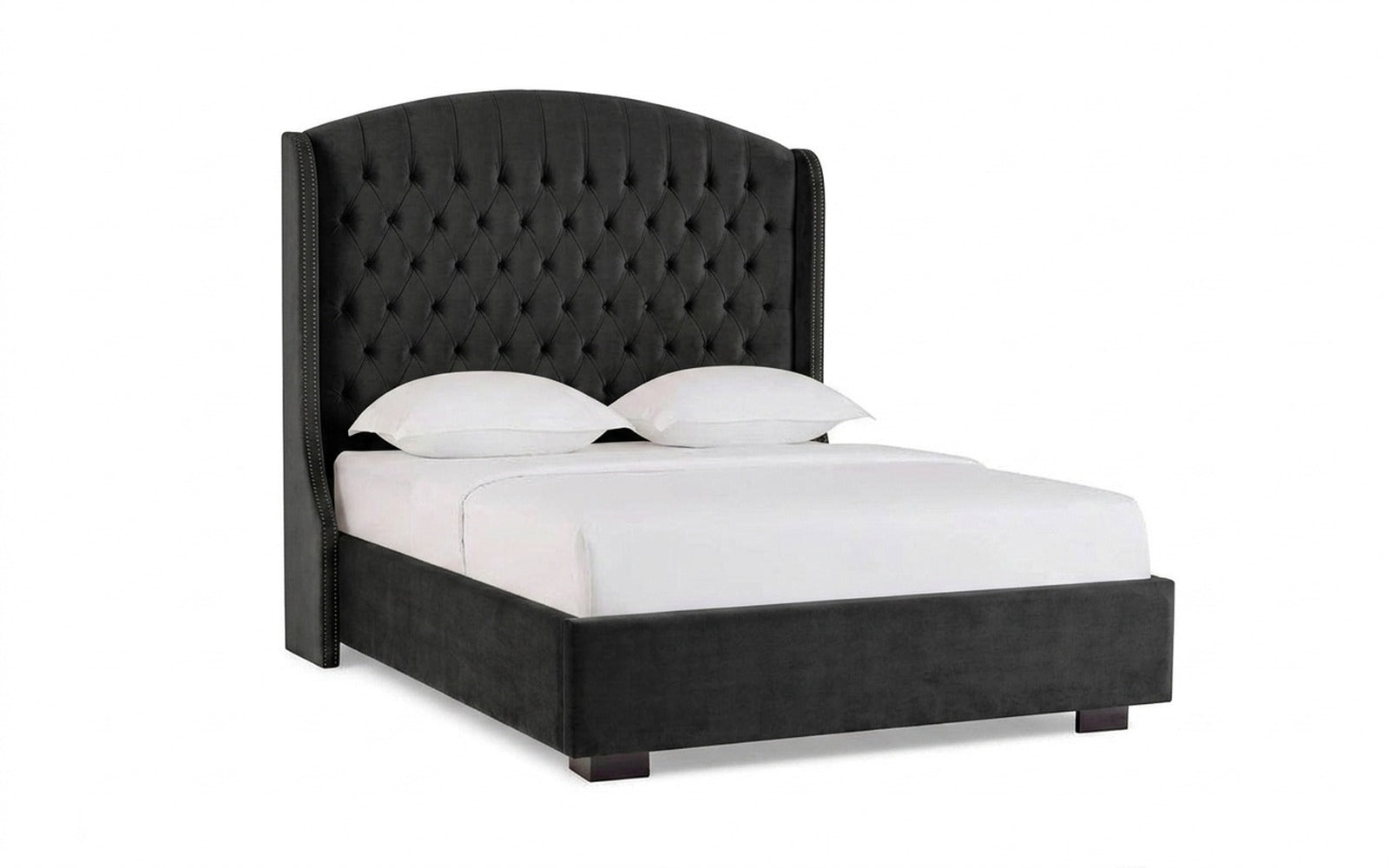 Rachel bed in Sky Velvet 38 fabric, product photo on white background