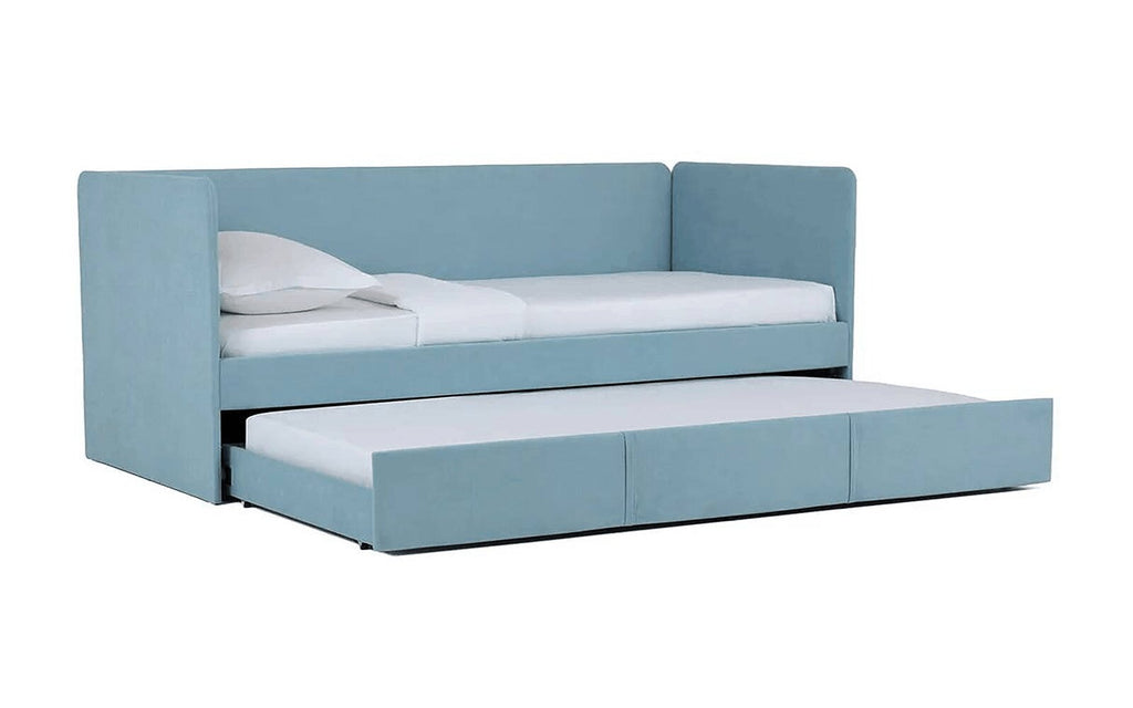 Uno Duo minimalist upholstered bunk bed with two sleeping spaces on white background