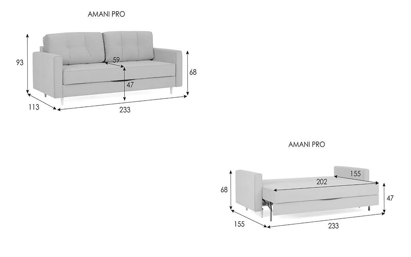 Amani Pro sofa bed, product photo on white background, view 1