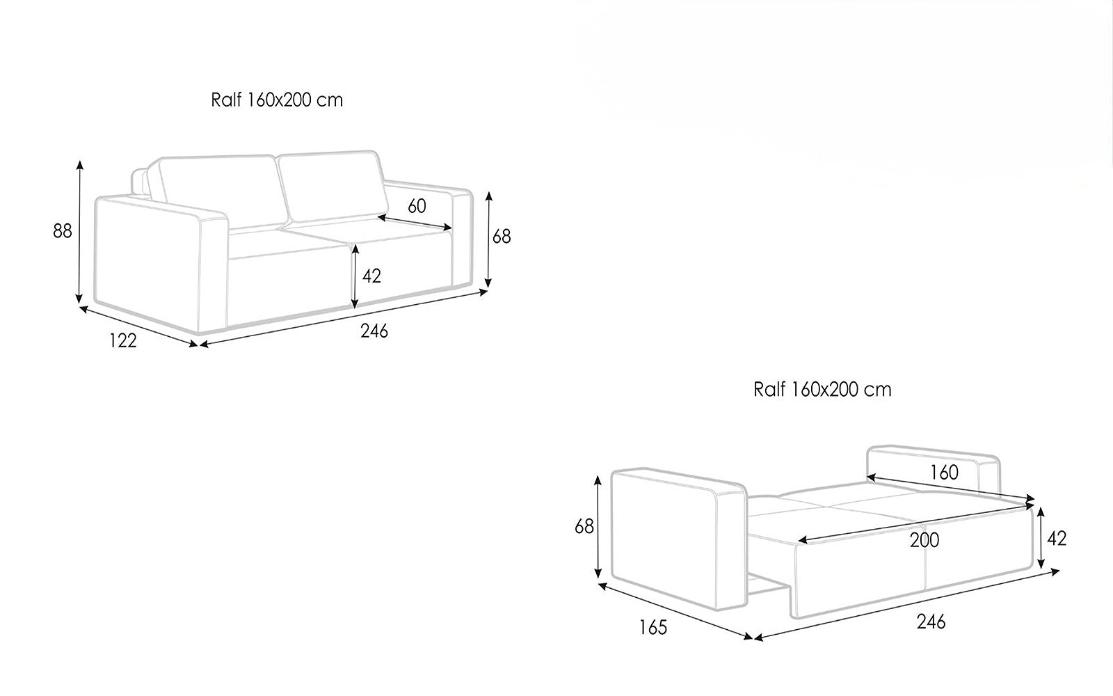 Ralf sofa bed, product photo on white background, view 2